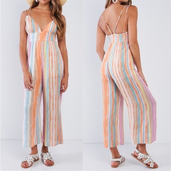 undefined Pants - Striped Cami Strapped Wide Leg Jumpsuit